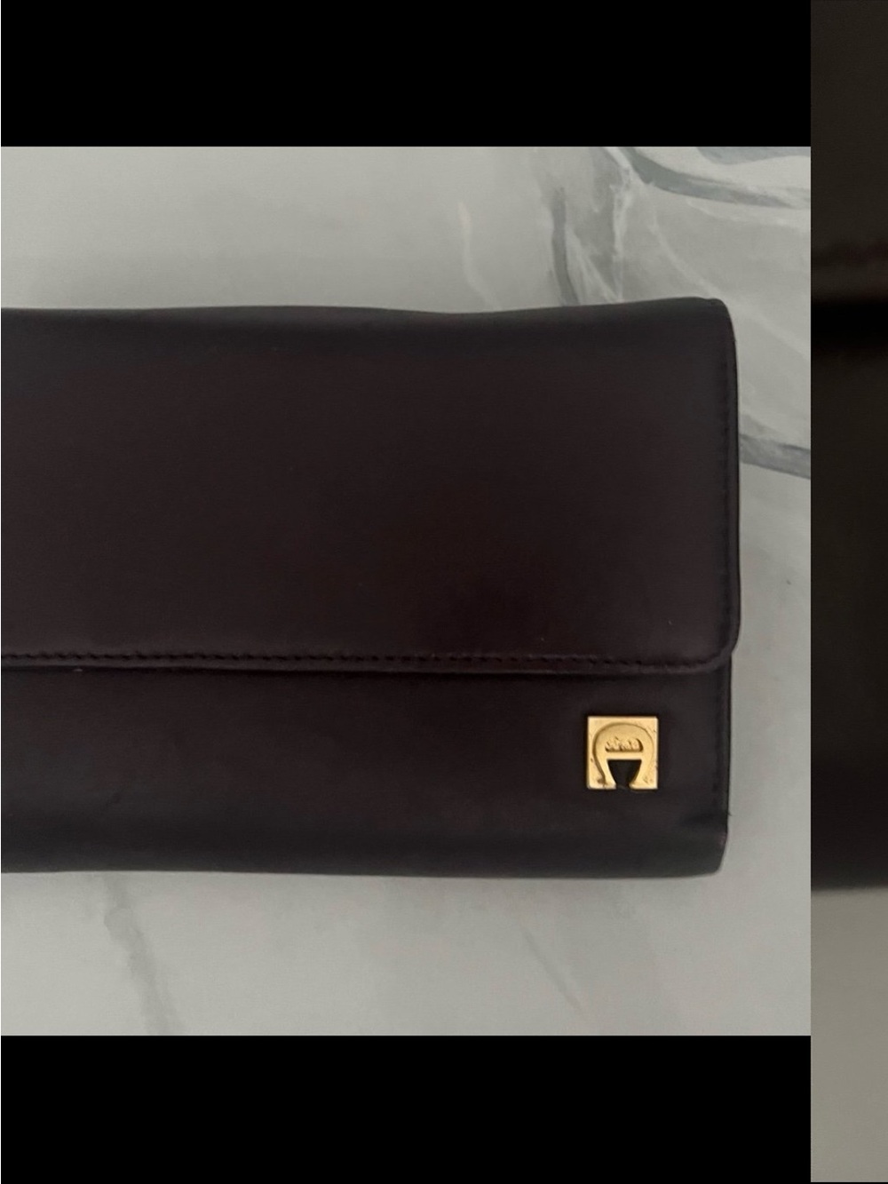 Vintage Etienne Aigner Elegant Dark Brown Leather Clutch with Gold Accent